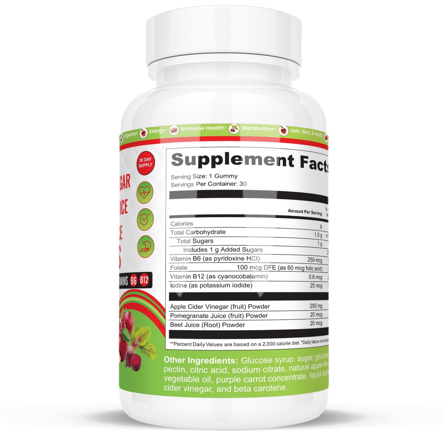 (60 Count - 2 Month Pack) Apple Cider Vinegar Gummies with Vitamin B12, Vitamin B6, Beet Root, and Pomegranate - Dietary Supplement Edible Fitness Health