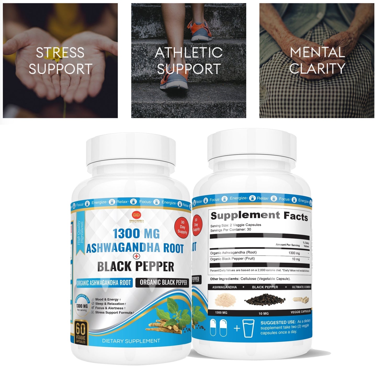 (5 Pack) Black Pepper & Ashwagandha Capsules Bloating Relief Thyroid Support Mood Support Supplement Stress Relief Supplement Ayurveda Products Supplements for Women & Men (60 Count)