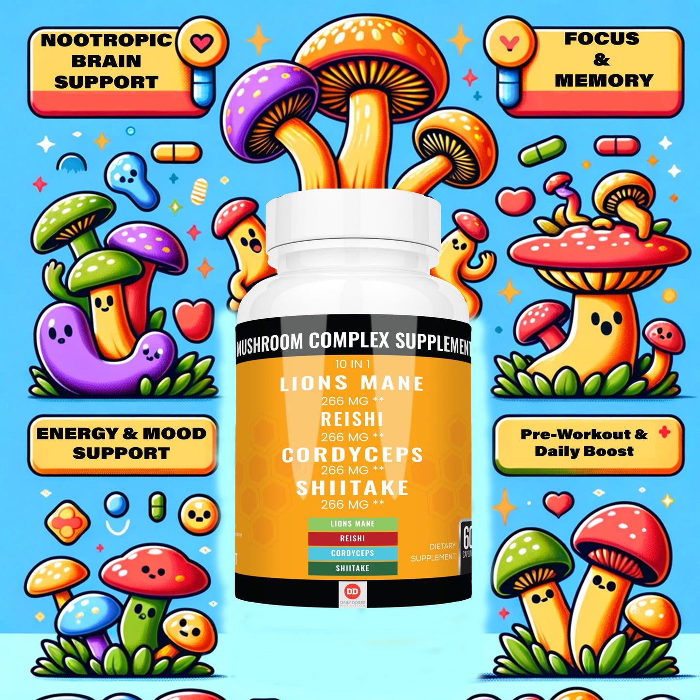 (2 Pack - 2 Month Supply) Lions Mane Mushroom Complex Reishi Turkey Tail Mushroom Capsules Chaga Mushroom Nootropics Brain Support Adaptogenic Mushroom Powder Energy Supplements (60 Count)
