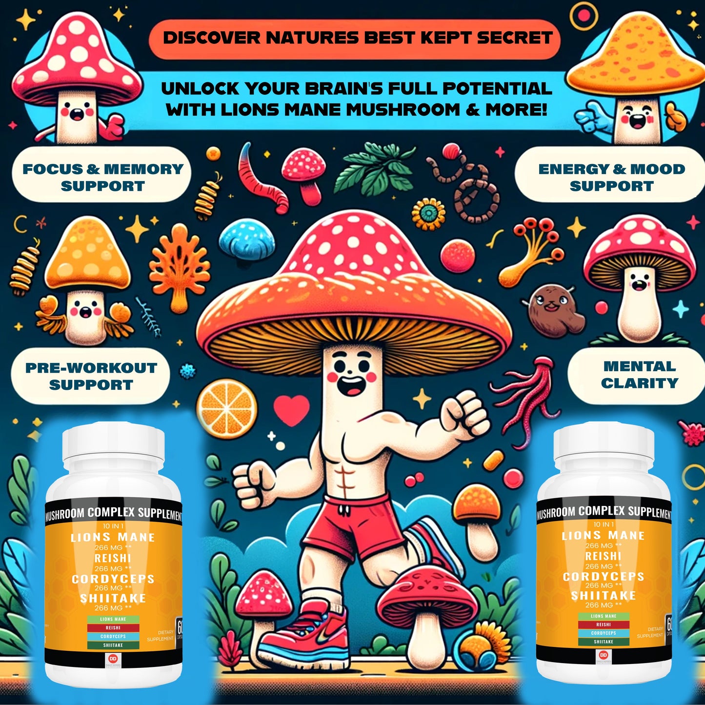 (2 Pack - 2 Month Supply) Lions Mane Mushroom Complex Reishi Turkey Tail Mushroom Capsules Chaga Mushroom Nootropics Brain Support Adaptogenic Mushroom Powder Energy Supplements (60 Count)