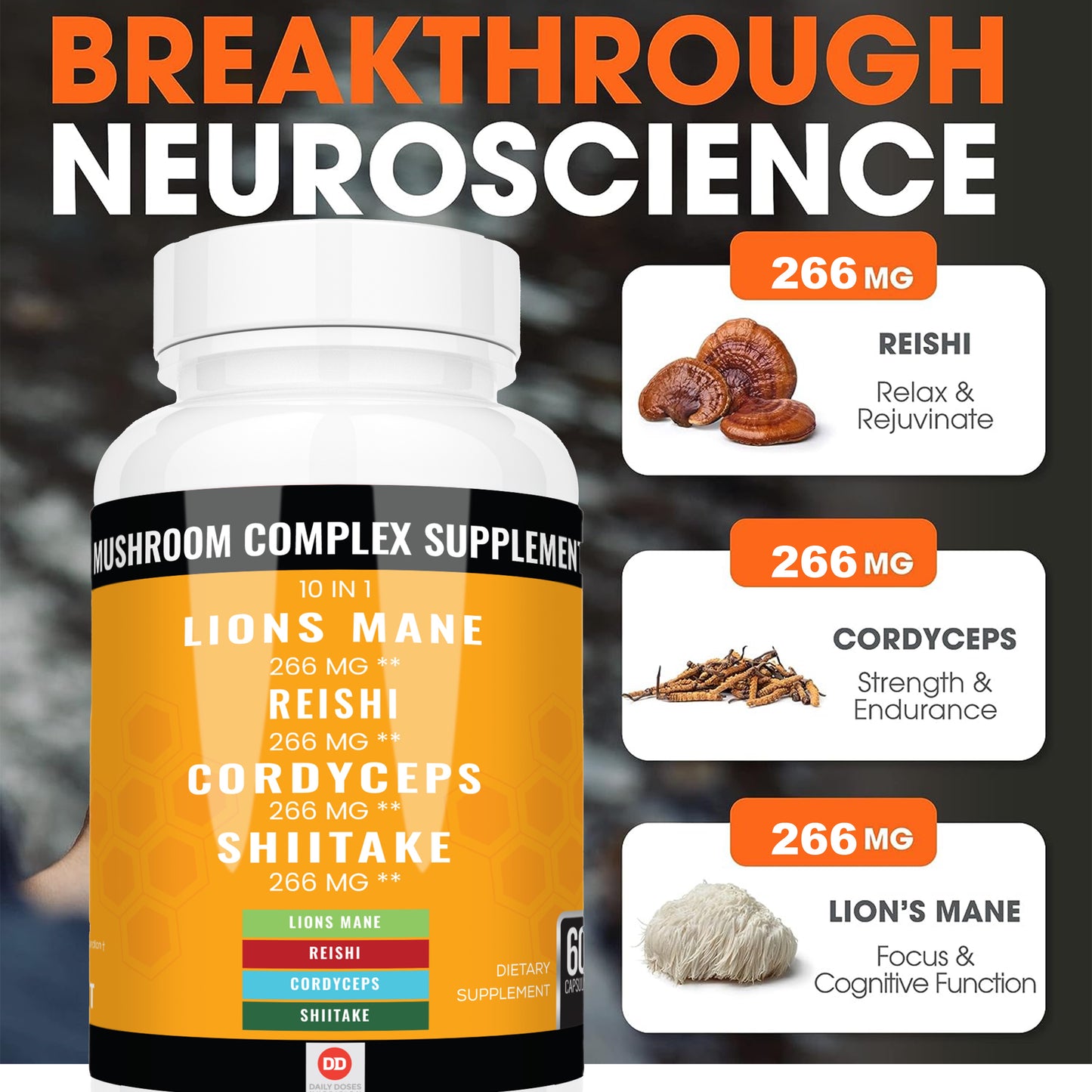 Lions Mane Mushroom Complex Reishi Turkey Tail Mushroom Capsules Chaga Mushroom Nootropics Brain Support Adaptogenic Mushroom Powder Energy Supplements (60 Count)