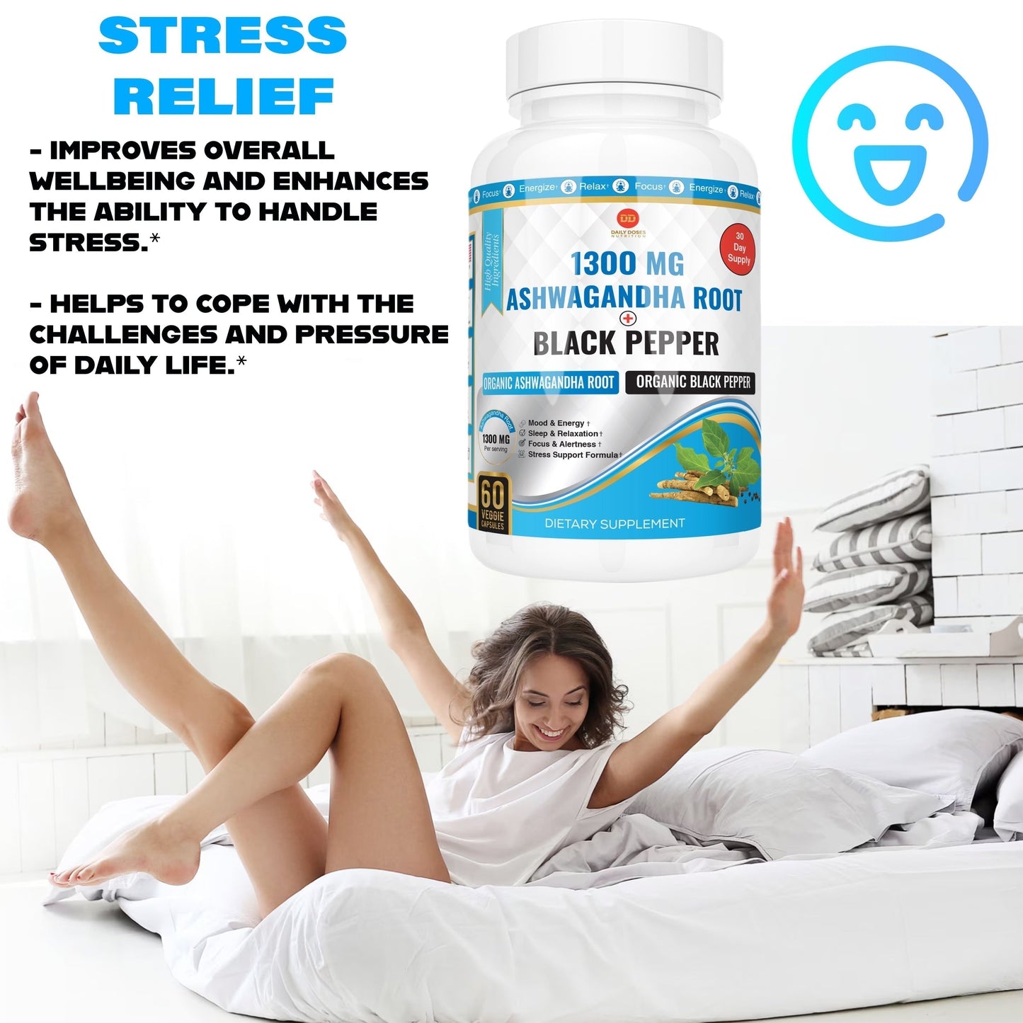 (5 Pack) Black Pepper & Ashwagandha Capsules Bloating Relief Thyroid Support Mood Support Supplement Stress Relief Supplement Ayurveda Products Supplements for Women & Men (60 Count)