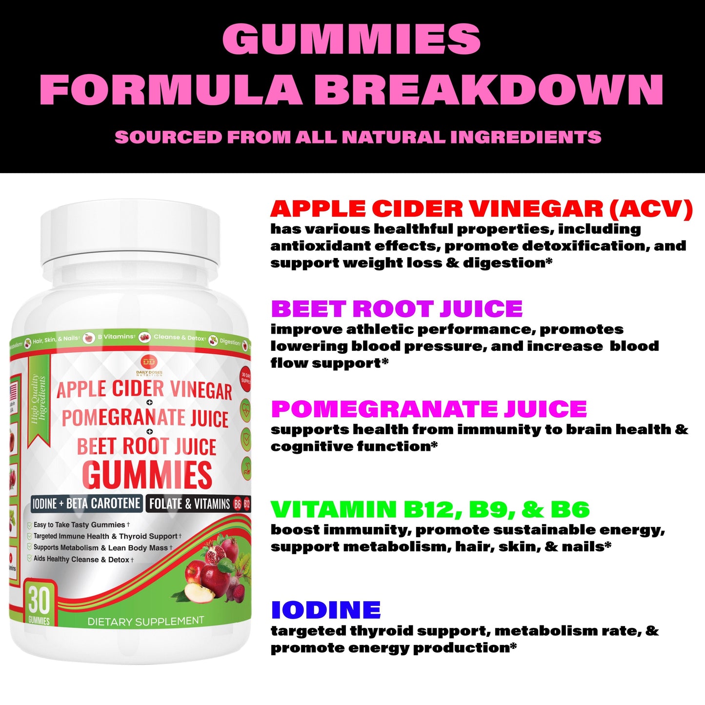 (60 Count - 2 Month Pack) Apple Cider Vinegar Gummies with Vitamin B12, Vitamin B6, Beet Root, and Pomegranate - Dietary Supplement Edible Fitness Health