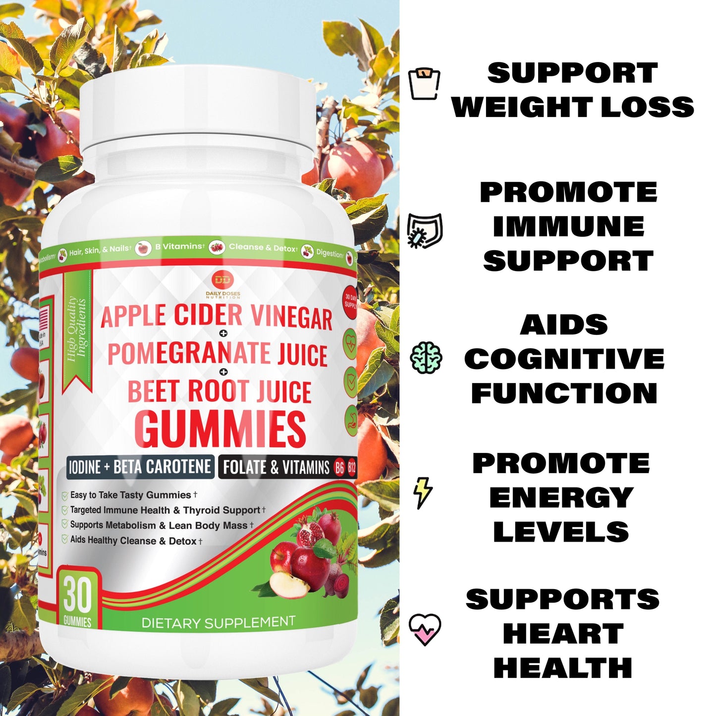 (60 Count - 2 Month Pack) Apple Cider Vinegar Gummies with Vitamin B12, Vitamin B6, Beet Root, and Pomegranate - Dietary Supplement Edible Fitness Health