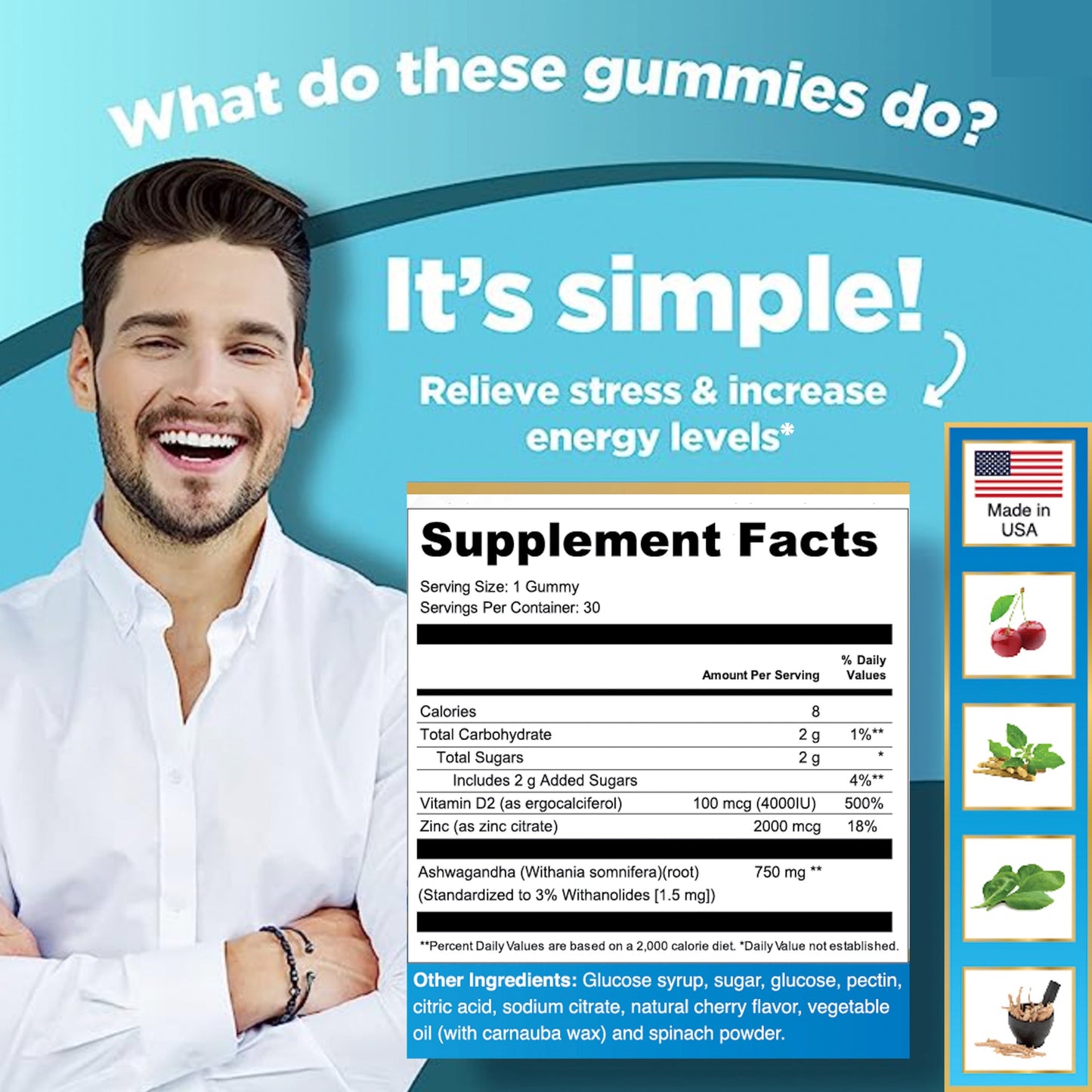 (4 Pack) Ashwagandha Supplements Gummy with Ashwagandha Root Vitamin D2 + Zinc Thyroid Support for Weight Loss Focus Supplement Cherry Flavor 30 Count