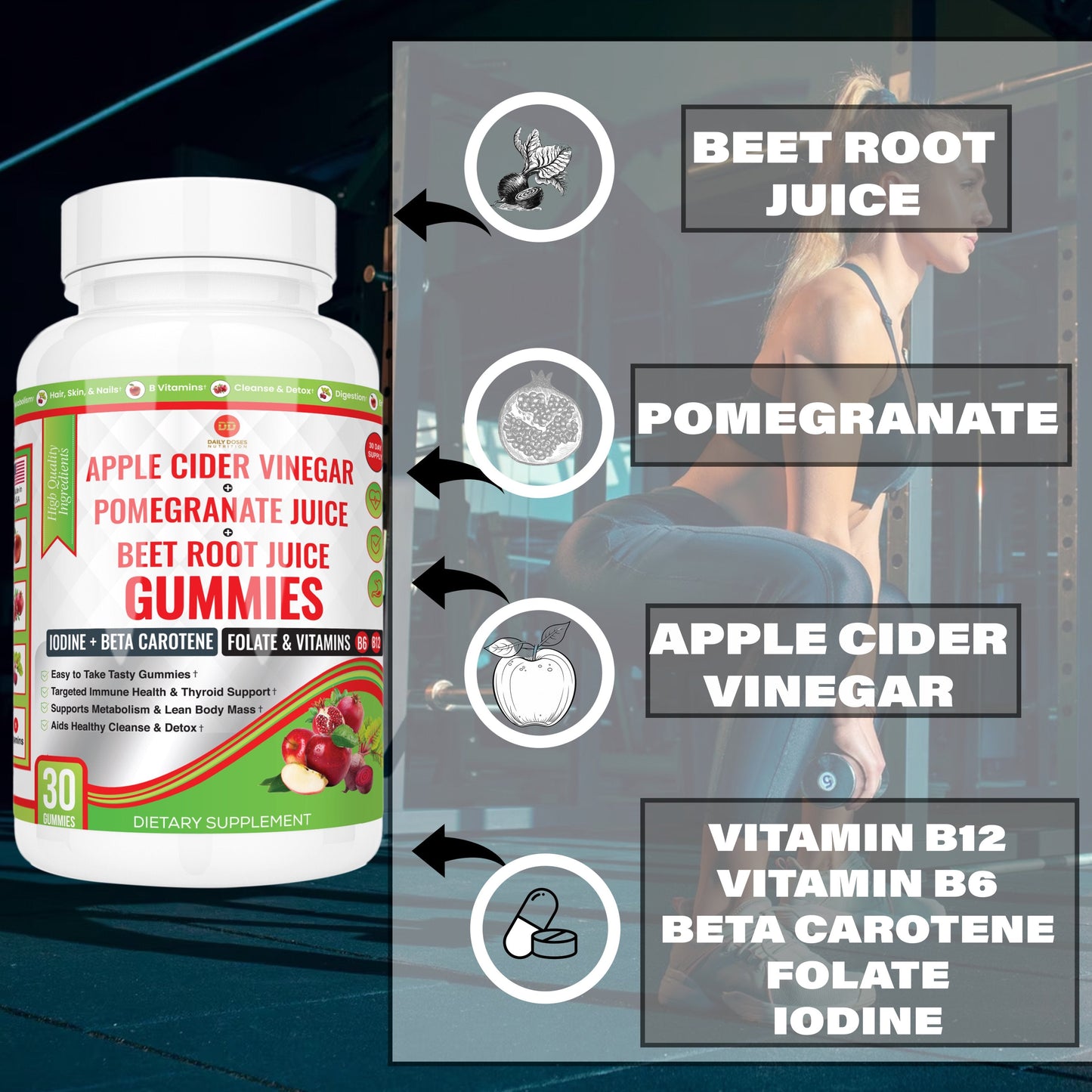 (60 Count - 2 Month Pack) Apple Cider Vinegar Gummies with Vitamin B12, Vitamin B6, Beet Root, and Pomegranate - Dietary Supplement Edible Fitness Health