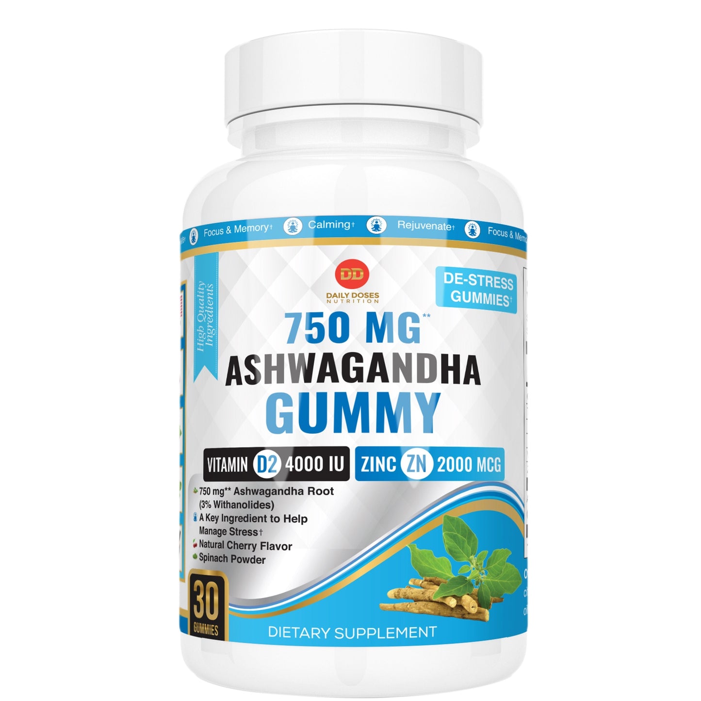 (4 Pack) Ashwagandha Supplements Gummy with Ashwagandha Root Vitamin D2 + Zinc Thyroid Support for Weight Loss Focus Supplement Cherry Flavor 30 Count