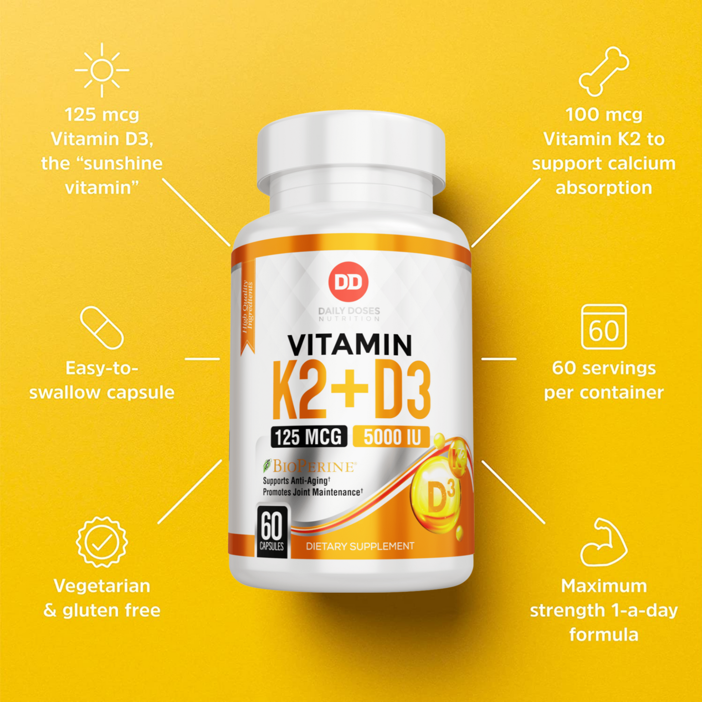 Vitamin K2 + D3 with 5000 iu of Vitamin D3 & 100 mcg Vitamin K2 60 Count