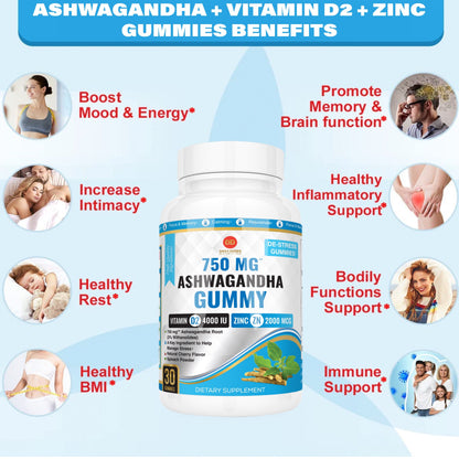 (4 Pack) Ashwagandha Supplements Gummy with Ashwagandha Root  Vitamin D2 + Zinc Thyroid Support for Weight Loss Focus Supplement Cherry Flavor 30 Count